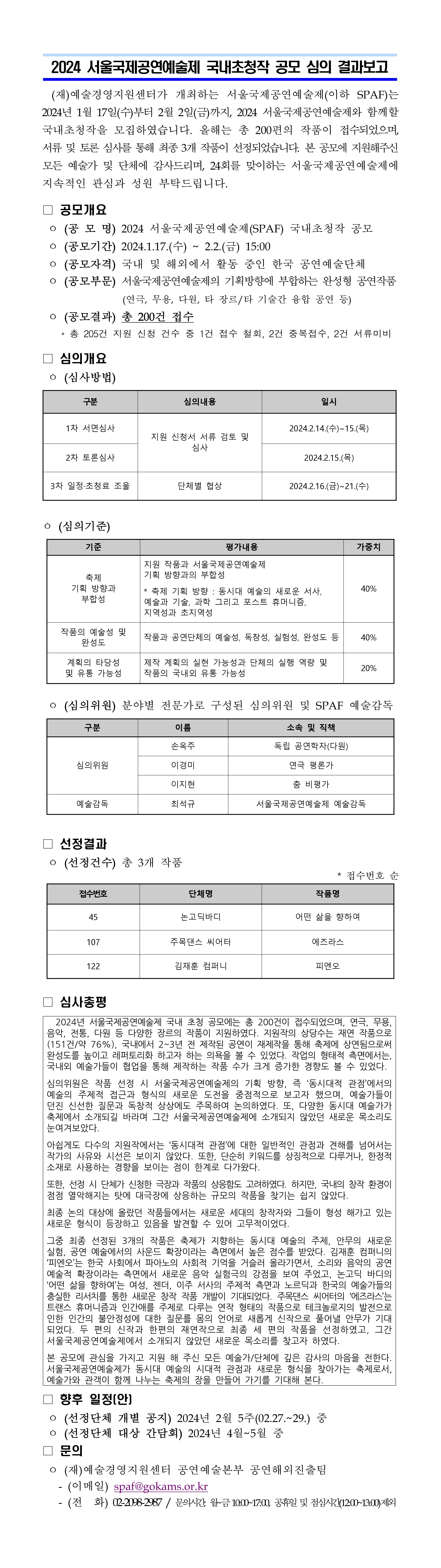 2024 서울국제공연예술제(SPAF) 국내초청작 공모 심사 결과